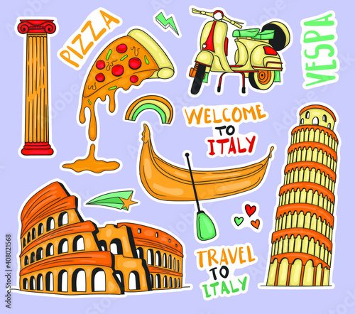 Colorful Hand drawn italy element stickers collection