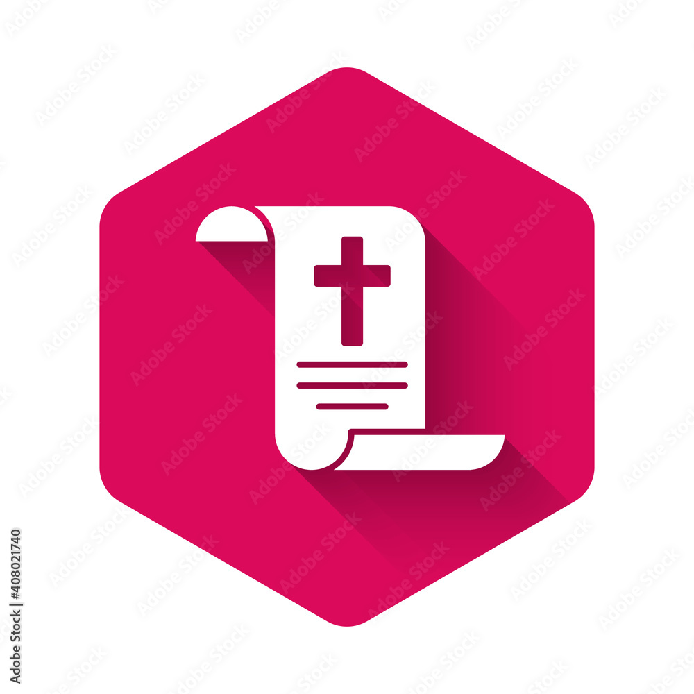 White Decree, paper, parchment, scroll icon icon isolated with long shadow background. Chinese scroll. Pink hexagon button. Vector.
