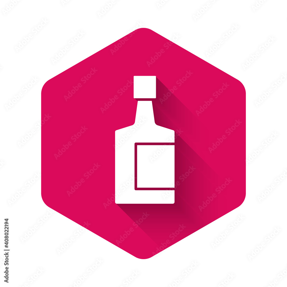 White Tequila bottle icon isolated with long shadow background. Mexican alcohol drink. Pink hexagon button. Vector. White Tequila bottle icon isolated with long shadow background. Mexican alcohol drink. Pink hexagon button. Vector.