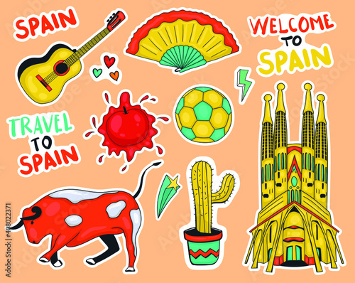 Colorful Hand drawn spain element stickers collection