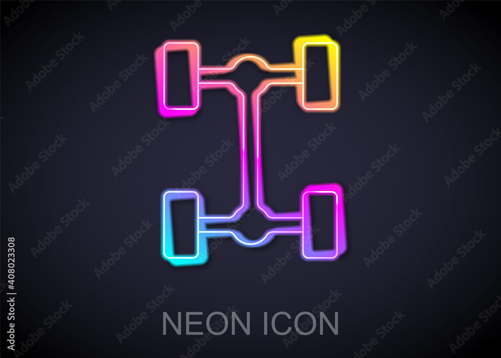 Glowing neon line Chassis car icon isolated on black background. Vector. Glowing neon line Chassis car icon isolated on black background. Vector.