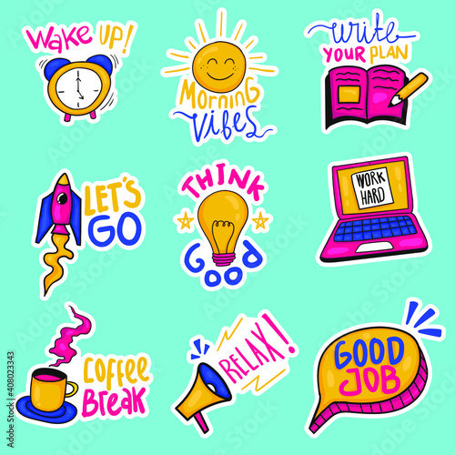 Colorful Hand drawn work stickers collection