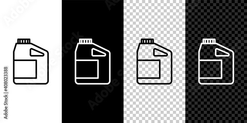 Set line Canister for motor machine oil icon isolated on black and white,transparent background. Oil gallon. Oil change service and repair. Engine oil sign. Vector.