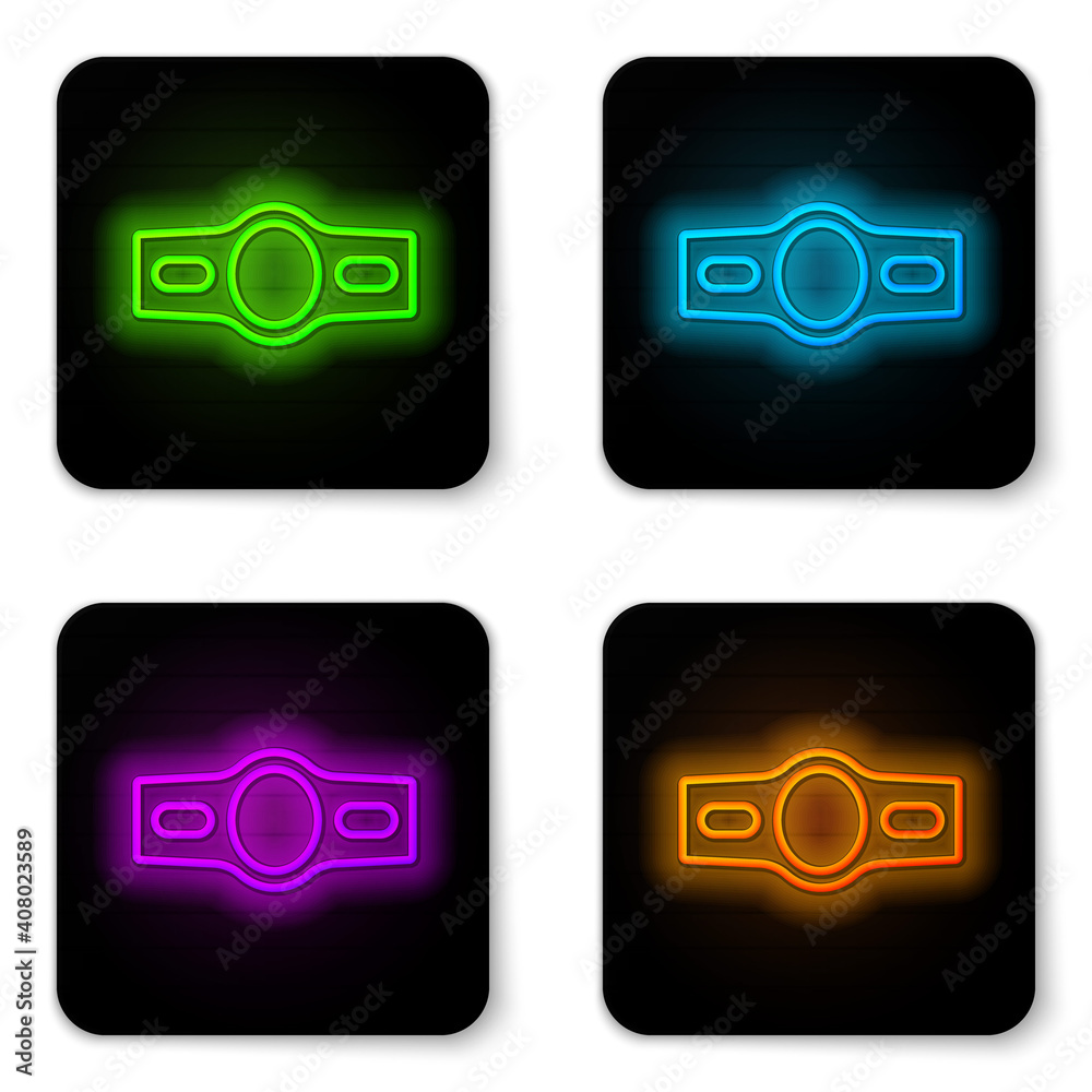Glowing neon line Boxing belt icon isolated on white background. Belt boxing sport championship winner fight award. Black square button. Vector. Glowing neon line Boxing belt icon isolated on white background. Belt boxing sport championship winner fight award. Black square button. Vector.