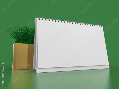 Desk blank calendar mockup on green background. 3D illustration