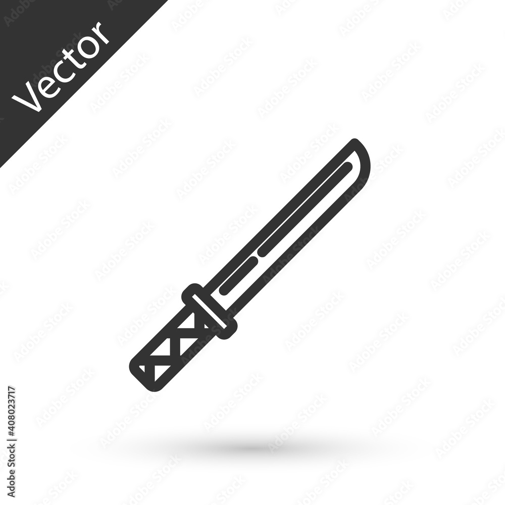 Grey line Traditional Japanese katana icon isolated on white background. Japanese sword. Vector. Grey line Traditional Japanese katana icon isolated on white background. Japanese sword. Vector.