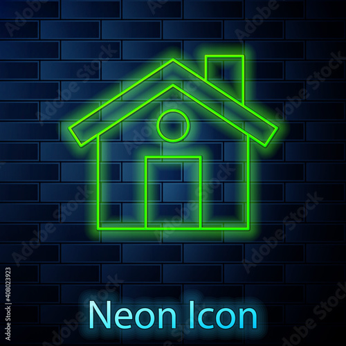 Glowing neon line House icon isolated on brick wall background. Home symbol. Vector.