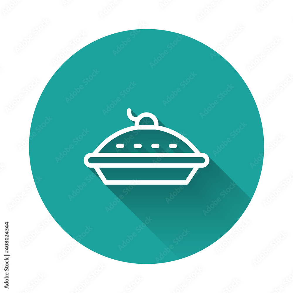 White line Homemade pie icon isolated with long shadow background. Green circle button. Vector. White line Homemade pie icon isolated with long shadow background. Green circle button. Vector.