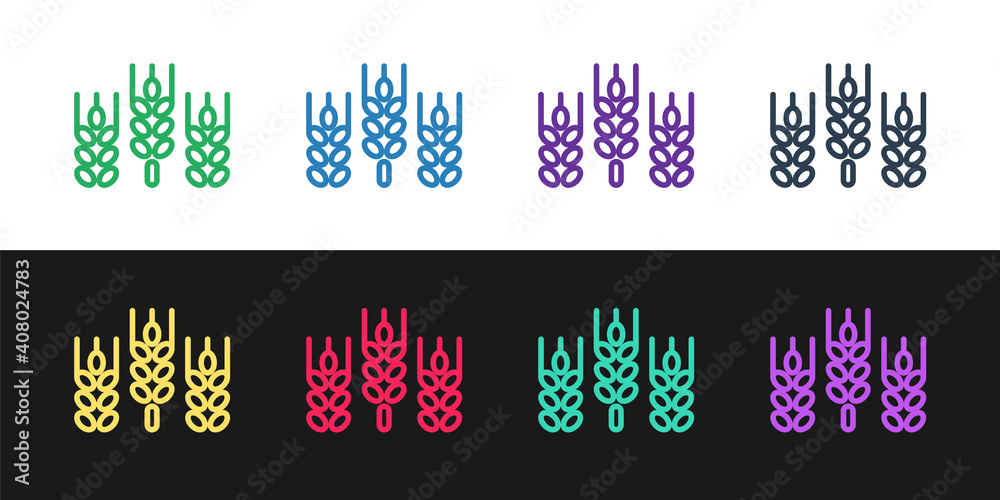 Set line Cereals set with rice, wheat, corn, oats, rye, barley icon isolated on black and white background. Ears of wheat bread symbols. Vector. Set line Cereals set with rice, wheat, corn, oats, rye, barley icon isolated on black and white background. Ears of wheat bread symbols. Vector.