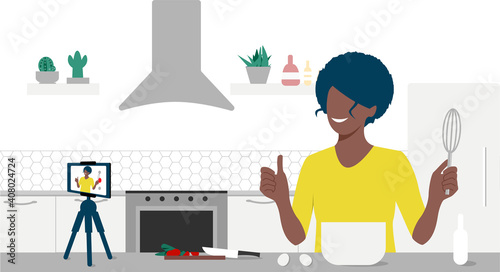 Food blogger streaming live. A beautiful black woman records an online cooking video tutorial on his phone. Woman communicating with subscribers through phone camera. Eps 10.