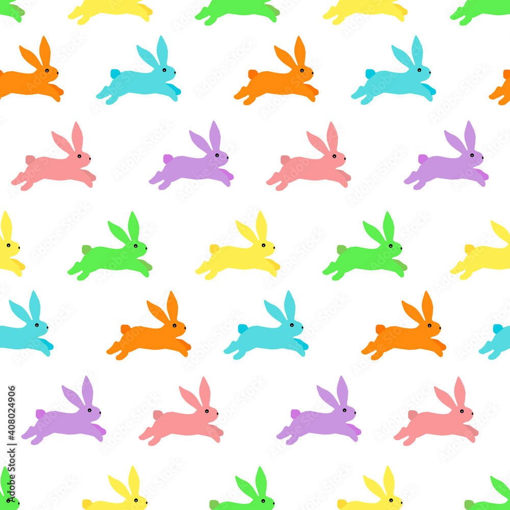 Pattern with multi-colored Easter bunnies. Vector illustration for use in decoration, fabric, scrapbooking and gift wrapping.