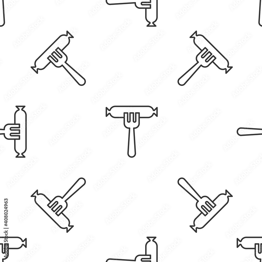 Obraz premium Grey line Sausage on the fork icon isolated seamless pattern on white background. Grilled sausage and aroma sign. Vector.