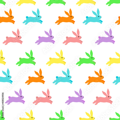 Pattern with multi-colored Easter bunnies. Vector illustration for use in decoration, fabric, scrapbooking and gift wrapping.
