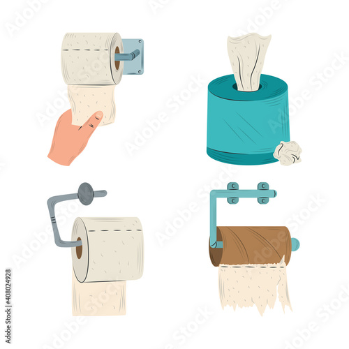 toilet paper rolls in holder and tissue box collection