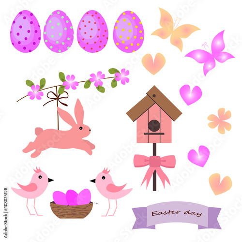 Set with Easter bunny and birds. Icons with attributes for Easter in pink. Vector illustration, For use in decor, invitations, greetings and gifts.