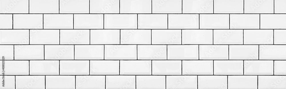 Panorama of Brick pattern white ceramic wall tile texture and seamless background - obrazy, fototapety, plakaty 
