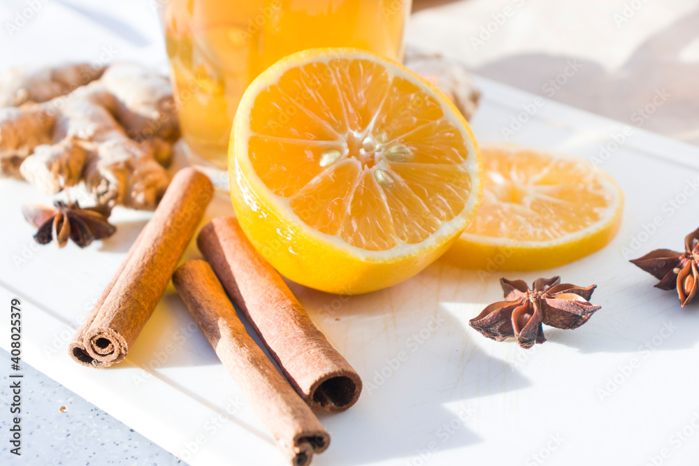 Autumn hot tea with lemon and spices Autumn hot tea with lemon and spices