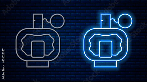 Glowing neon line Aftershave icon isolated on brick wall background. Cologne spray icon. Male perfume bottle. Vector.