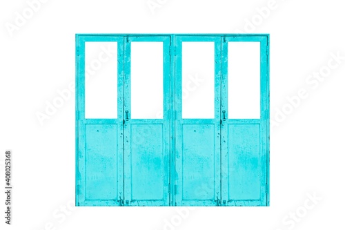 Old wooden door frame painted pastel blue vintage isolated on a white background