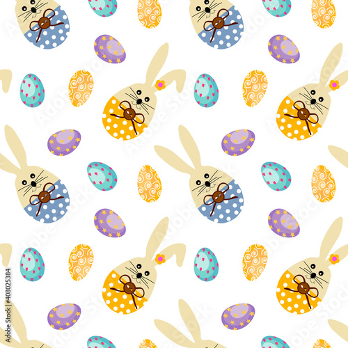 Pattern with cartoon Easter bunnies and flowers. Vector illustration isolated on white background. For use in decor, fabric, scrapbooking and gift wrapping.