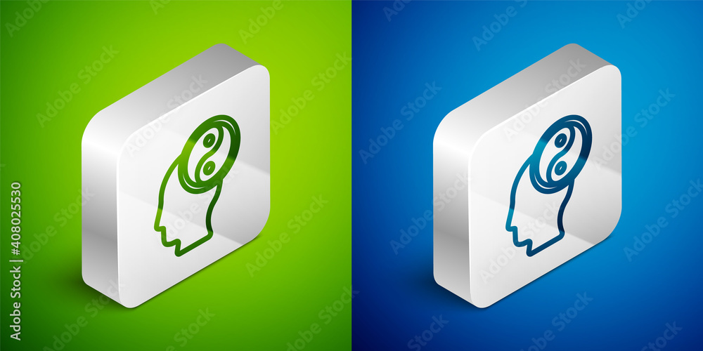 Isometric line Yin Yang symbol of harmony and balance icon isolated on green and blue background. Silver square button. Vector. Isometric line Yin Yang symbol of harmony and balance icon isolated on green and blue background. Silver square button. Vector.