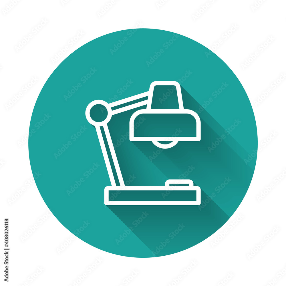 White line Table lamp icon isolated with long shadow background. Desk lamp. Green circle button. Vector. White line Table lamp icon isolated with long shadow background. Desk lamp. Green circle button. Vector.