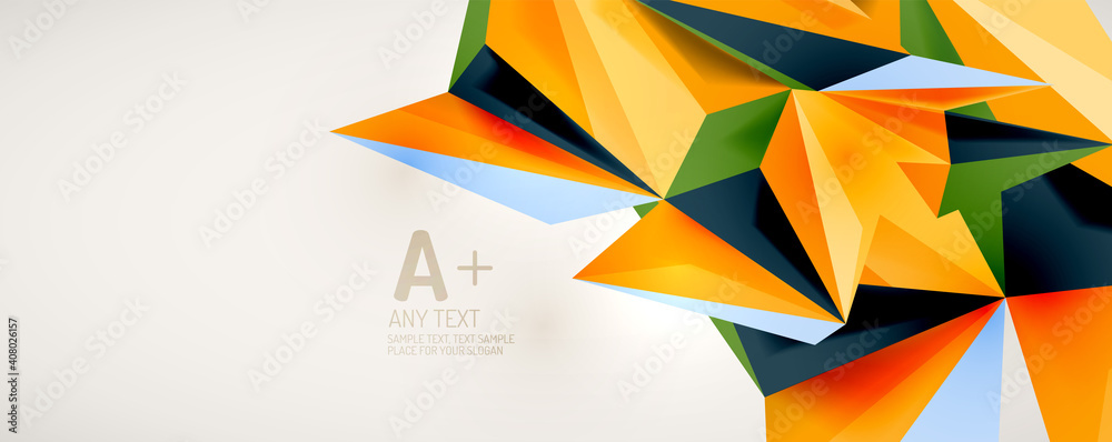 Vector triangle geometric backgrounds. Low poly 3d shape on light backdrop. Vector illustration for covers, banners, flyers and posters and other designs Vector triangle geometric backgrounds. Low poly 3d shape on light backdrop. Vector illustration for covers, banners, flyers and posters and other designs