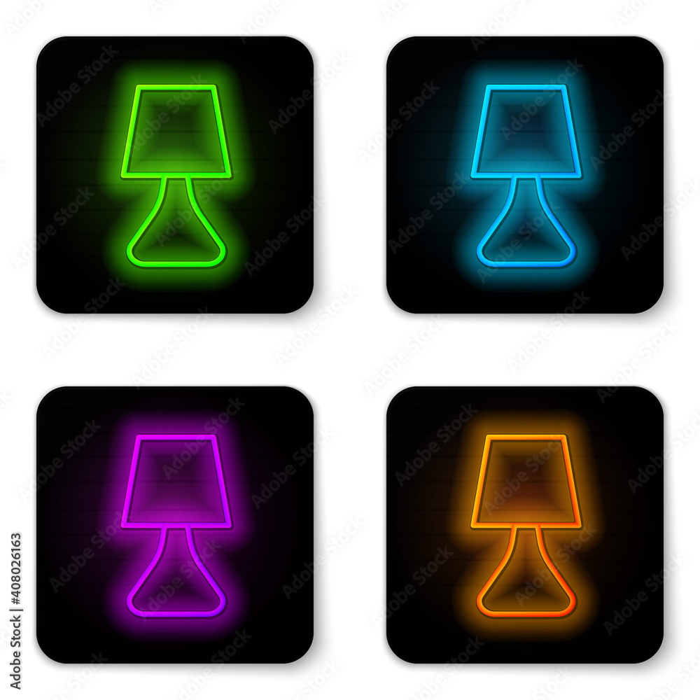 Glowing neon line Table lamp icon isolated on white background. Desk lamp. Black square button. Vector. Glowing neon line Table lamp icon isolated on white background. Desk lamp. Black square button. Vector.