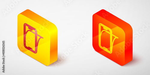 Isometric line Glass screen protector for smartphone icon isolated on grey background. Protective film for glass. Transparent soft glass for mobile phone. Yellow and orange square button. Vector.