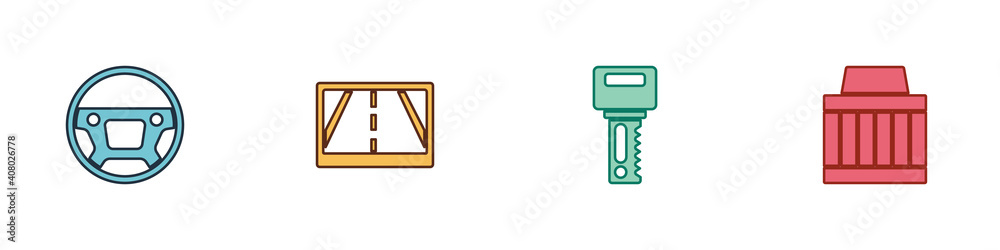 Set Steering wheel, Gps device with map, Car key remote and air filter icon. Vector. Set Steering wheel, Gps device with map, Car key remote and air filter icon. Vector.