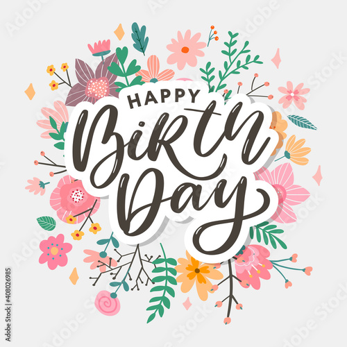 Beautiful happy birthday greeting card with flowers and bird. Vector party invitation with floral elements.