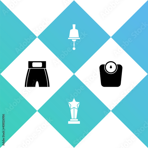 Set Boxing short, Award cup, Ringing bell and Bathroom scales icon. Vector.
