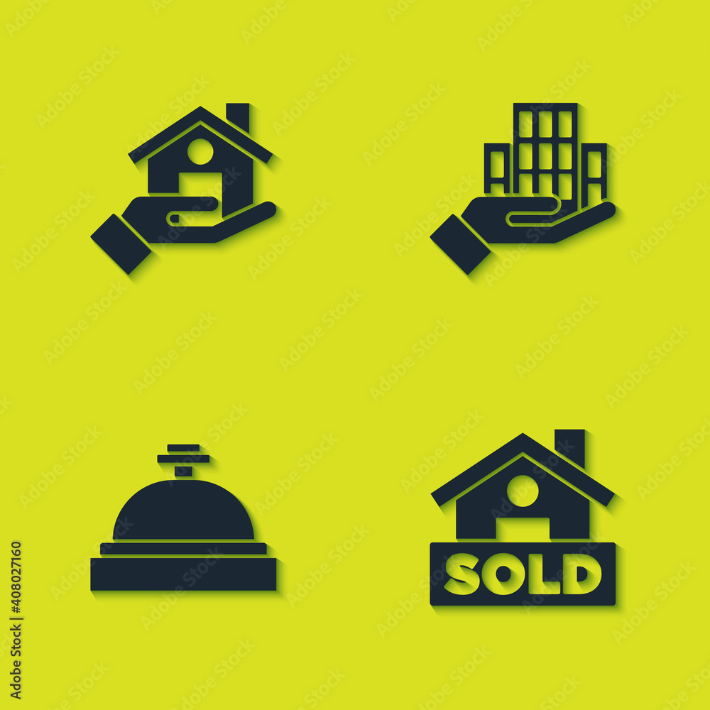 Set Realtor, Hanging sign with text Sold, Hotel service bell and Skyscraper icon. Vector.