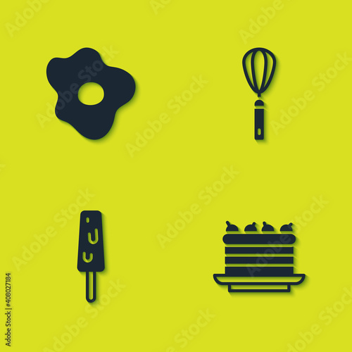 Set Scrambled eggs, Cake, Ice cream and Kitchen whisk icon. Vector.