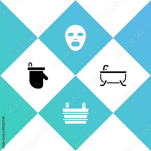 Set Sauna mittens, bucket, Facial cosmetic mask and Bathtub icon. Vector.