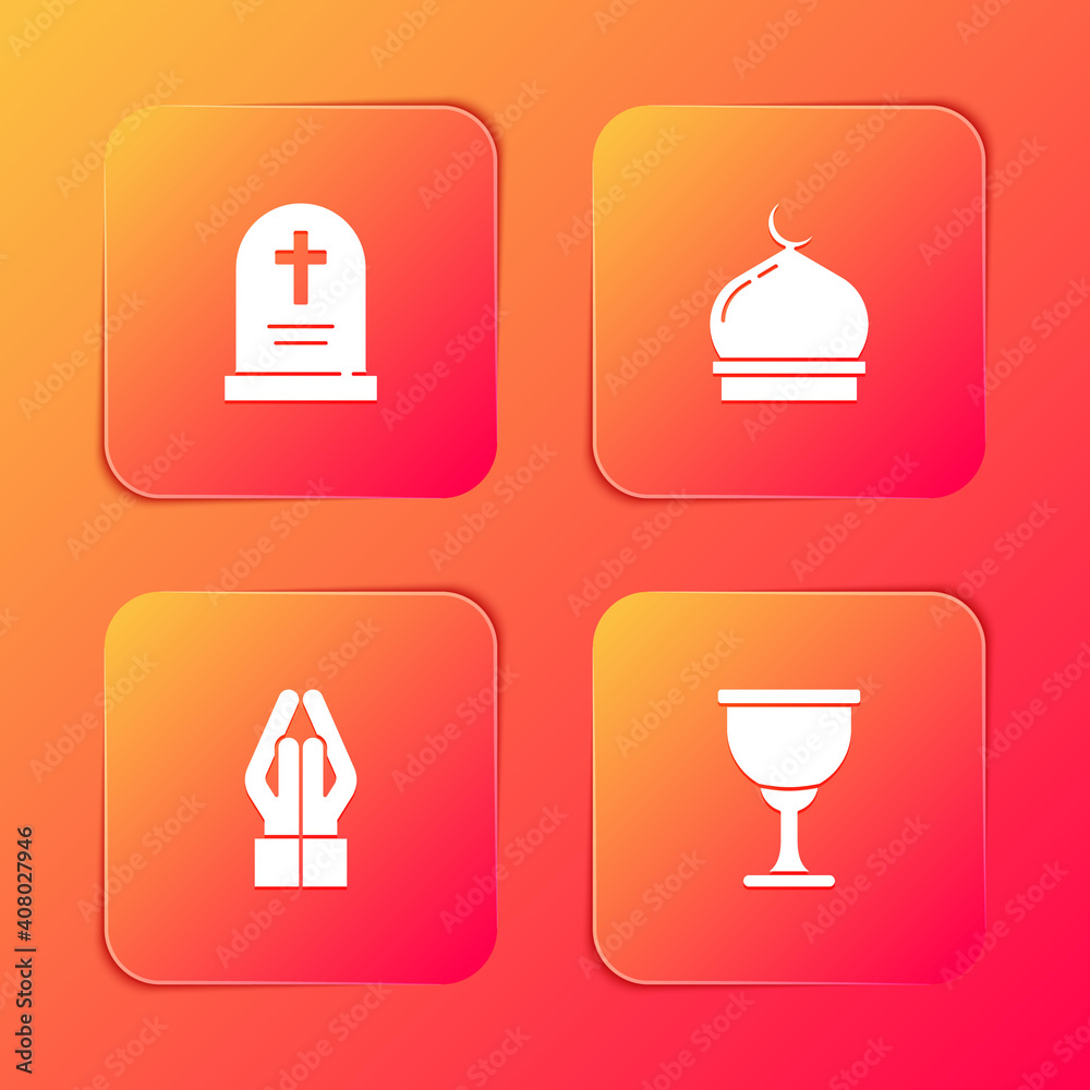 Set Tombstone with cross, Muslim Mosque, Hands in praying position and Holy grail or chalice icon. Vector. Set Tombstone with cross, Muslim Mosque, Hands in praying position and Holy grail or chalice icon. Vector.