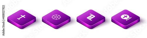 Set Isometric Christian cross, Dharma wheel, Decree, paper, parchment, scroll and icon. Vector.