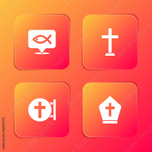 Set Christian fish, cross, and Pope hat icon. Vector.