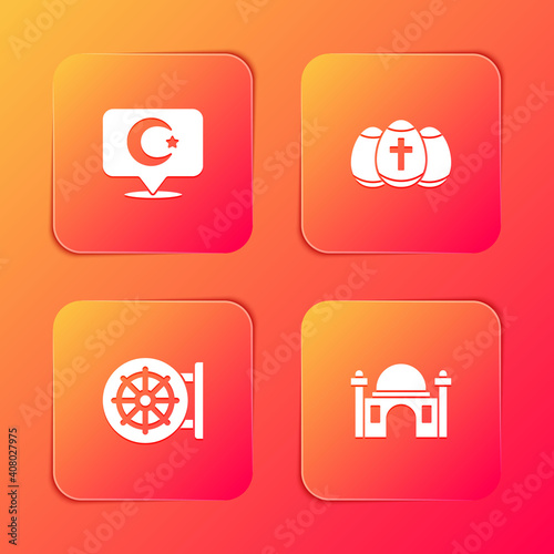 Set Star and crescent, Easter egg, Dharma wheel and Muslim Mosque icon. Vector.