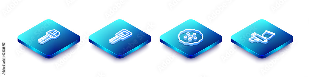 Set Isometric line Car key with remote, , Gear and Paint spray gun icon. Vector. Set Isometric line Car key with remote, , Gear and Paint spray gun icon. Vector.