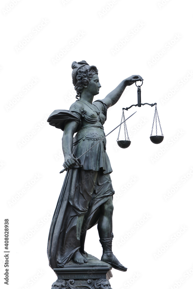 Fototapeta premium Isolated statue of Lady Justice, standing on Frankfurt`s main square Römer. 