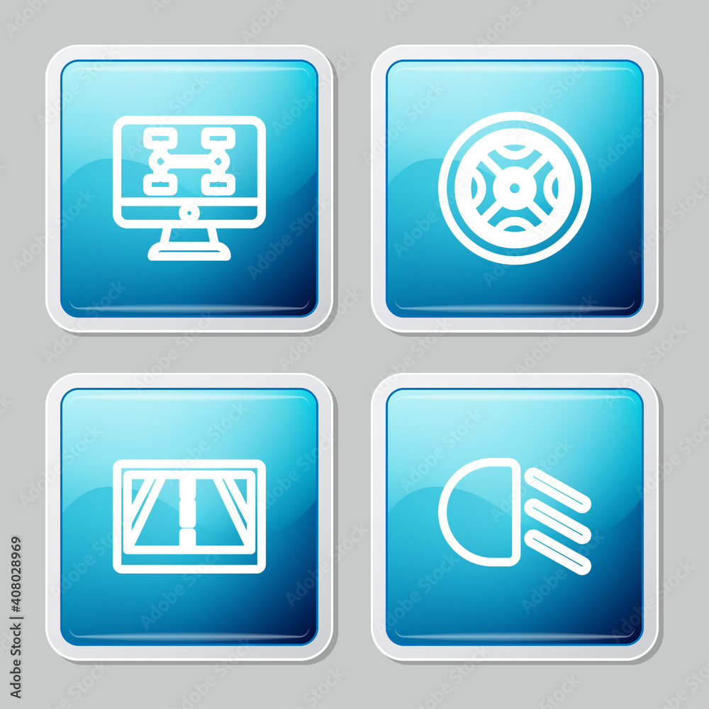 Set line Diagnostics condition of car, Car wheel, Gps device with map and High beam icon. Vector. Set line Diagnostics condition of car, Car wheel, Gps device with map and High beam icon. Vector.