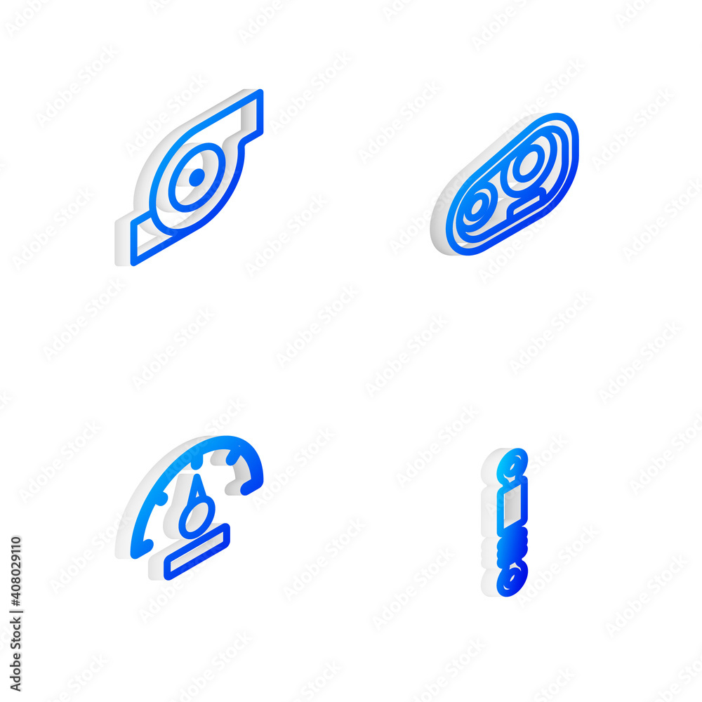 Set Isometric line Car headlight, Automotive turbocharger, Speedometer and Shock absorber icon. Vector. Set Isometric line Car headlight, Automotive turbocharger, Speedometer and Shock absorber icon. Vector.
