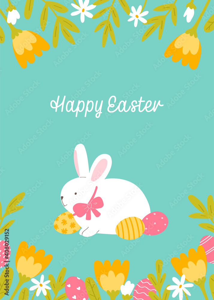 Easter greeting card. Cute bunny, flowers and Easter eggs on a blue background. Vector illustration in flat style. Easter greeting card. Cute bunny, flowers and Easter eggs on a blue background. Vector illustration in flat style.
