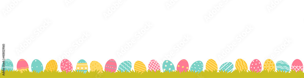 Beautiful horizontal banner Easter eggs on the grass . Vector illustration in flat style.