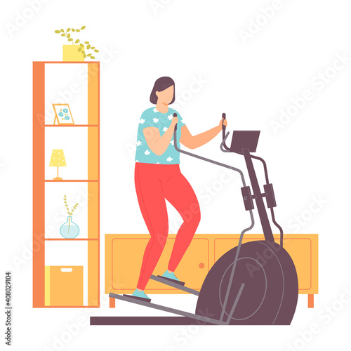 Fat woman on elliptical trainer doing cardio exercises at home. Weight loss. Healthy lifestyle. Vector illustration in hand drawn flat style.