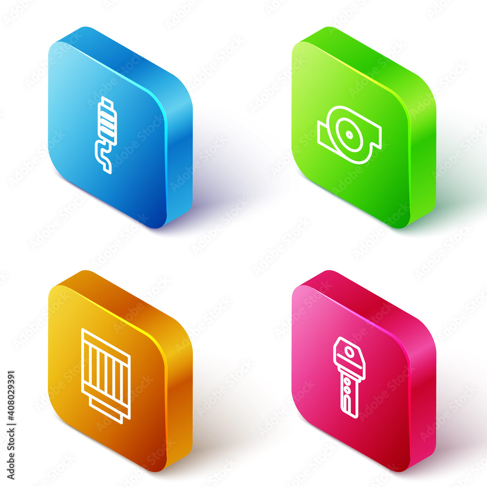 Set Isometric line Car muffler, Automotive turbocharger, air filter and key with remote icon. Vector. Set Isometric line Car muffler, Automotive turbocharger, air filter and key with remote icon. Vector.