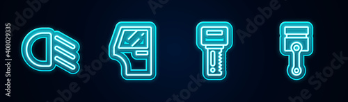 Set line High beam, Car door, key with remote and Engine piston. Glowing neon icon. Vector.