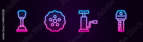 Set line Gear shifter, , Car air pump and key with remote. Glowing neon icon. Vector.