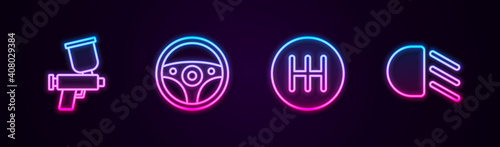 Set line Paint spray gun, Steering wheel, Gear shifter and High beam. Glowing neon icon. Vector.